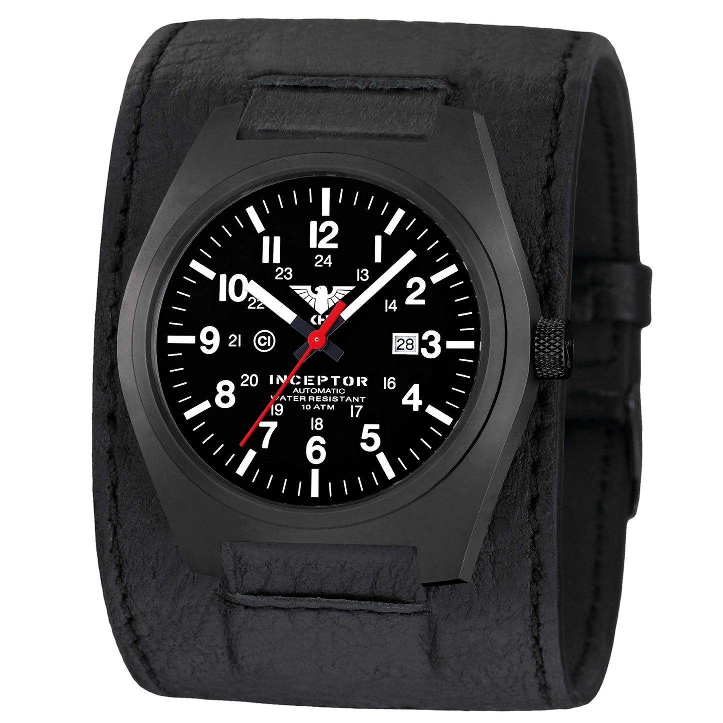 Montre Inceptor Black Steel Automatic large bracelet en cuir